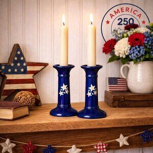 Hermitage Pottery Taper Candle Holder Set Blue America 250 Stars VTG Folk Art